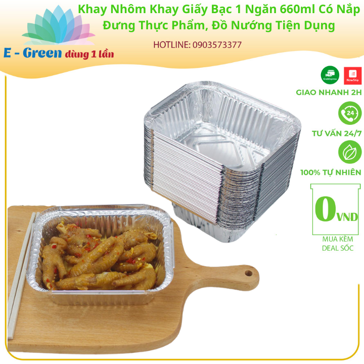 Combo 50 Khay Nhôm, Khay Giấy Bạc 1 Ngăn 660ml-680ml Có Nắp, Đựng Thực Phẩm, Đồ Nướng,Tiện Lợi - Egreen Dùng 1 Lần