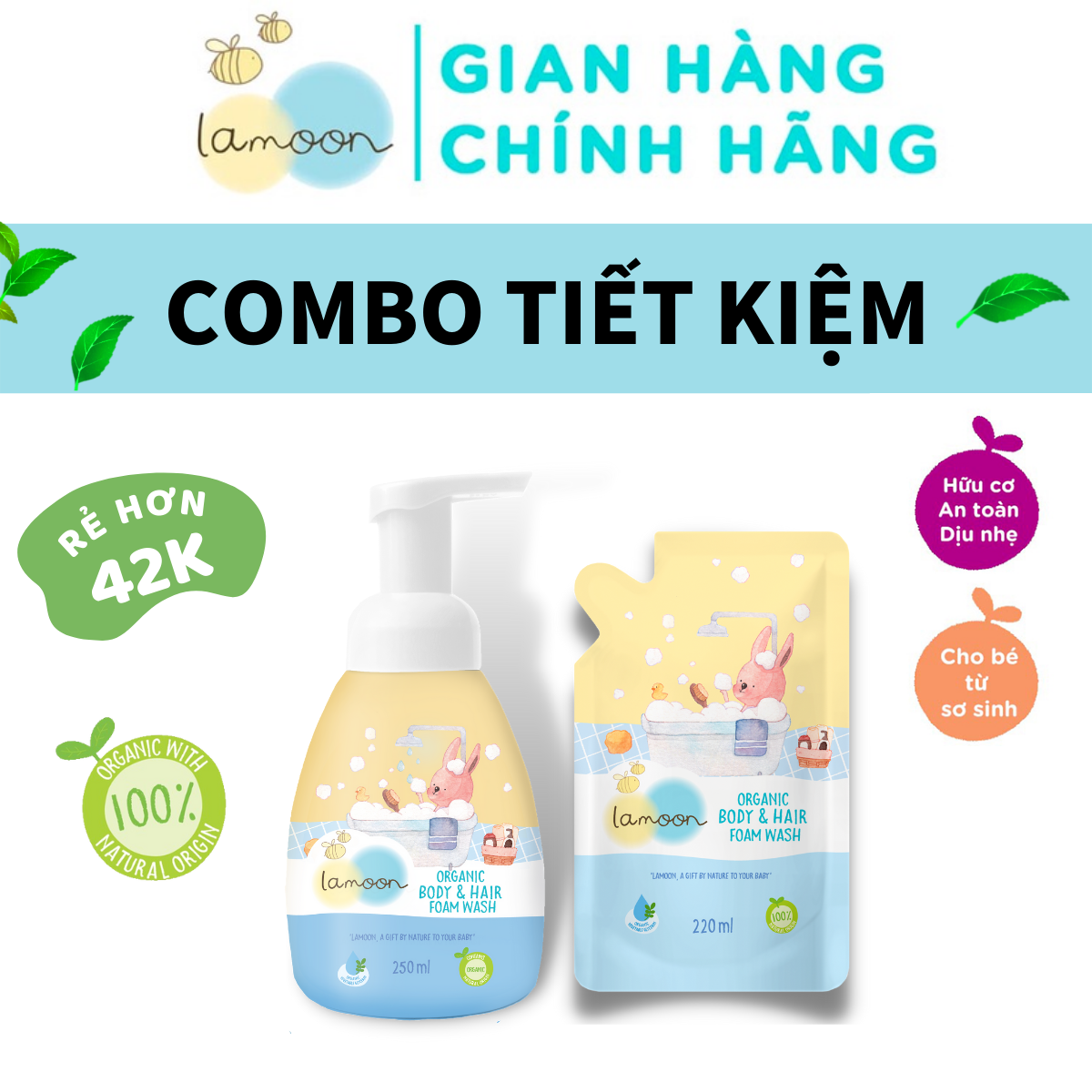 COMBO Sữa tắm gội Organic cho bé từ sơ sinh dạng bọt Lamoon dạng Bình 250ml + Túi refll 220ml