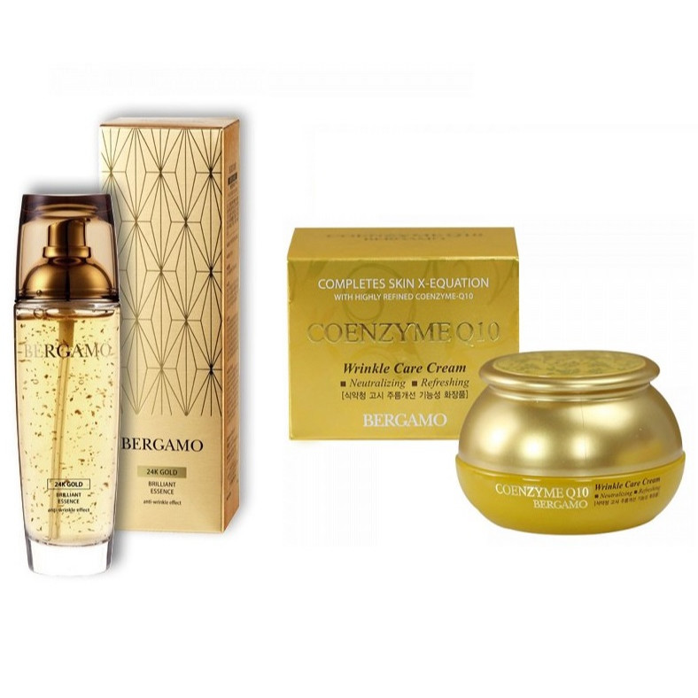 Combo Tinh Chất Serum Bergamo 24k Gold Brilliant &amp; white vita luminant Essence và Kem dưỡng trắng Bergamo Coenzyme Q10 Wrinkle Care Cream 50gr