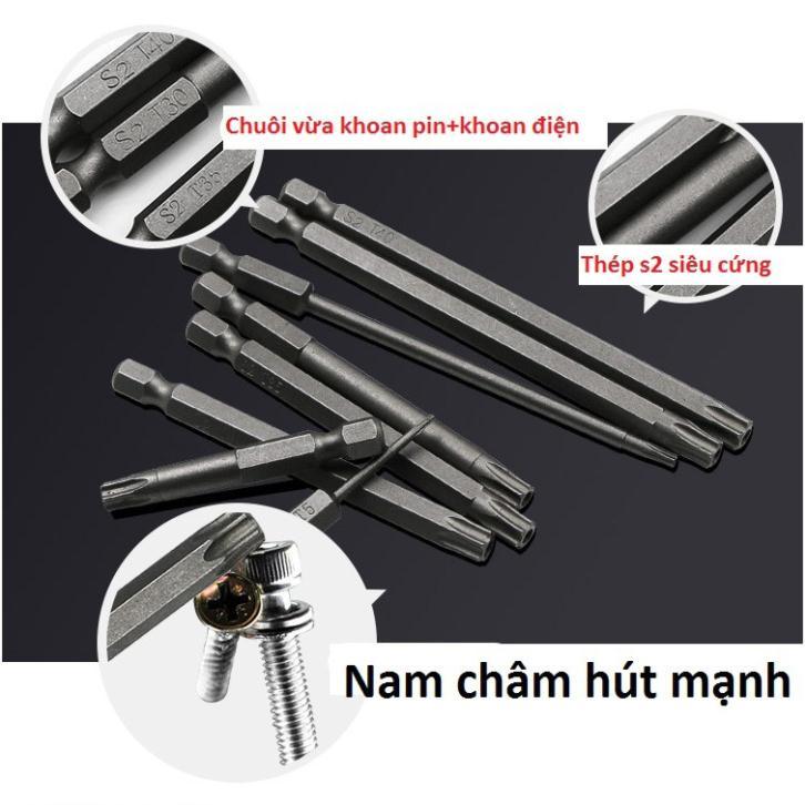 Bộ lục giác hoa thị có lỗ cho khoan dài từ 50-75-100 cho khoan pin và khoan điện chất liệu thép S2 siêu cứng