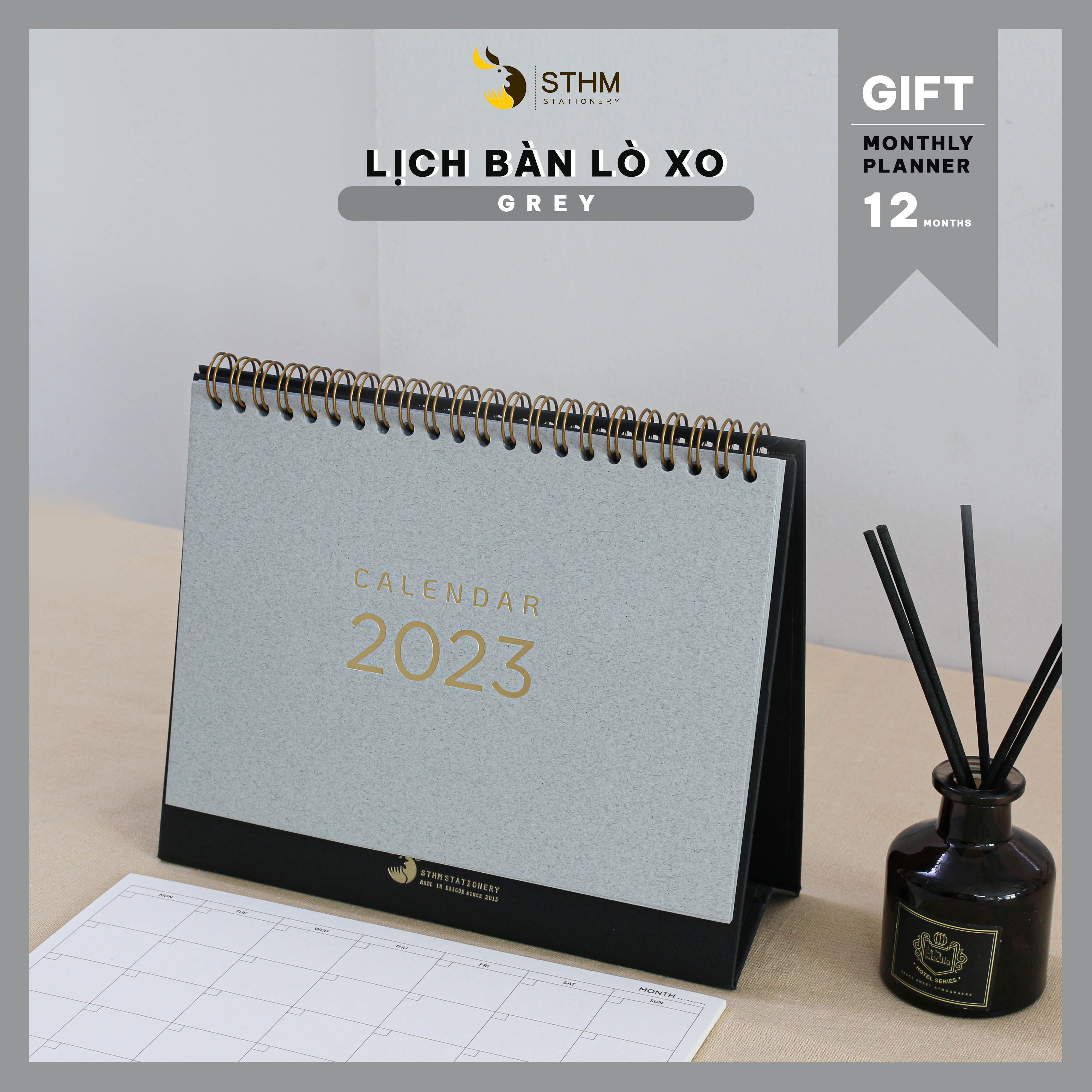 [STHM stationery] - Lịch bàn lò xo 2023 - Grey - Giấy mỹ thuật cao cấp - Có lịch âm dương và checklist