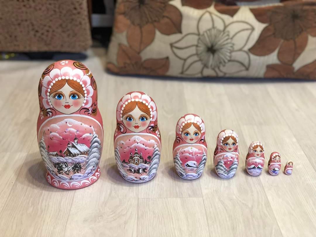 BỘ BÚP BÊ NGA MATRYOSHKA 7 LỚP 21CM "PHONG CẢNH MÙA ĐÔNG" XANH DA TRỜI HÀNG LƯU NIỆM NGA CỰC ĐẸP