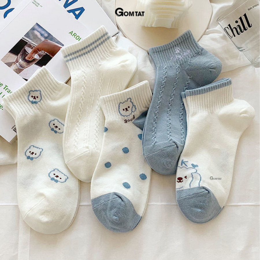 Set 5 đôi vớ nữ cổ ngắn họa tiết đơn giản siêu dễ thương, tất nữ cổ thấp chất liệu cotton mềm mỏng thoáng mát - CB089