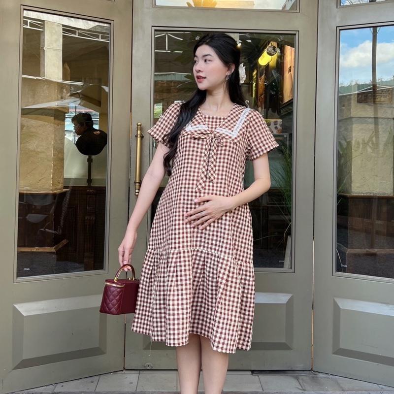 Đầm bầu đuôi cá cổ thuỷ thủ phối viền ren chất Cotton Hàn Váy bầu năng động - Hồng