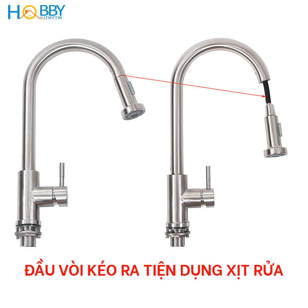 Vòi nước rửa chén bát nóng lạnh dây rút tăng áp inox 304 Hobby Home Decor VDR4 2 chế độ phun kèm dây cấp