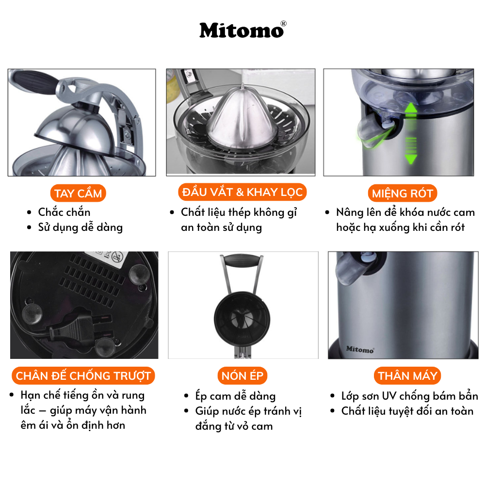 Máy Vắt Cam Tự Động Mitomo KJ1043 Đời Mới – Vận Hành Siêu Êm, An Toàn, Dễ Vệ Sinh Bảo Hành 3 Năm hàng chính hãng
