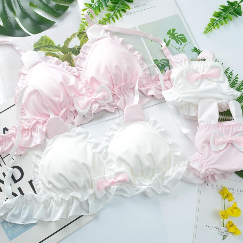 Nhật Bản Dễ Thương Lolita Kawaii NƠ REN Trắng Bộ Đồ Lót Gợi Cảm Nữ Tai Thỏ Dễ Thương Quần Lót Áo Ngực Nữ & Quần Lót bộ Áo Ngực