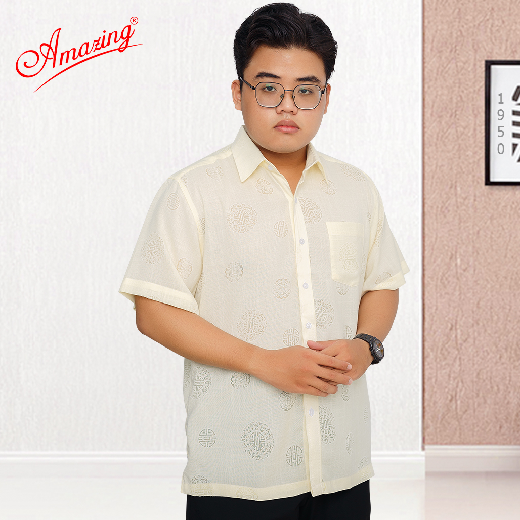 Áo sơ mi nam trung niên tay ngắn mùa hè, big size, hoạ tiết chữ thọ, màu sắc trang nhã, hiệu Amazing