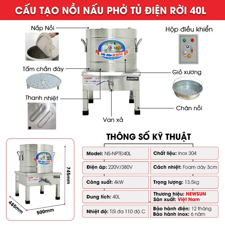 Nồi Nấu Phở Tủ Điện Rời 40L - Hàng chính hãng