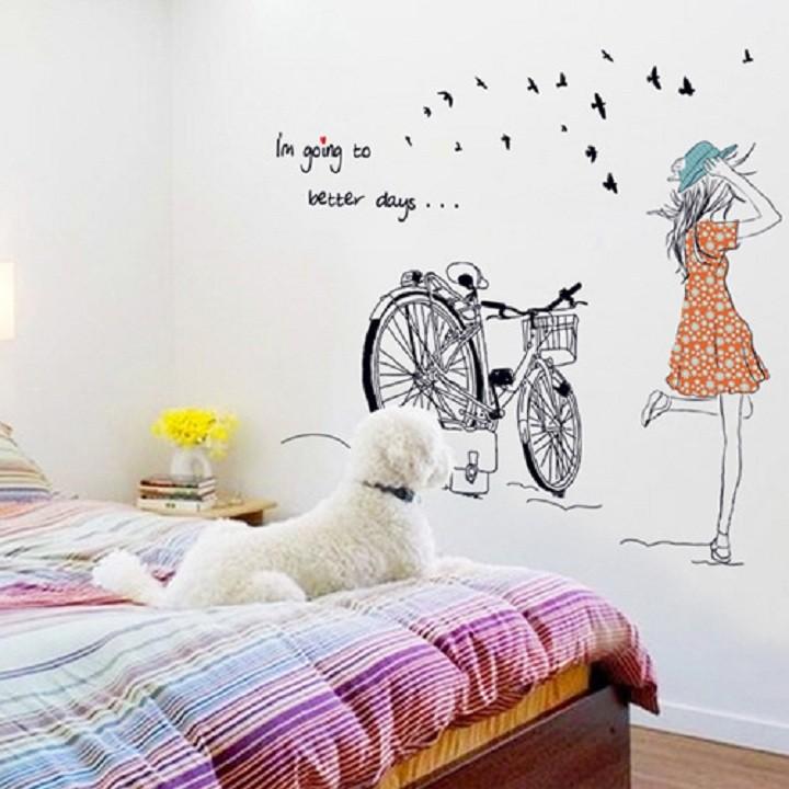 DECAL DÁN TƯỜNG CÂY ĐÈN ĐEN VÀ CÔ GÁI XE ĐẠP - HP920