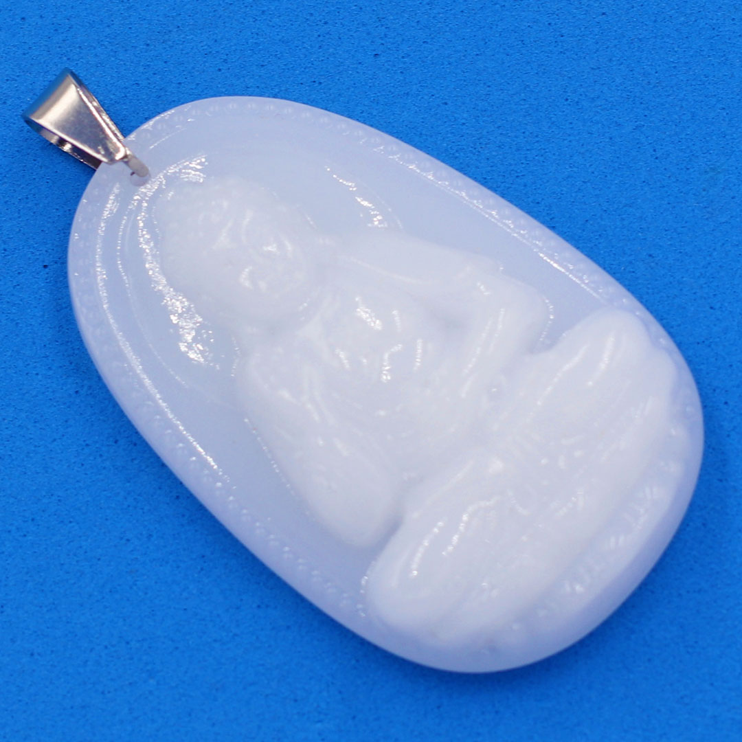 Mặt Phật A di đà đá thạch anh trắng 3.6 cm kèm móc và dây chuyền inox, Mặt Phật bản mệnh