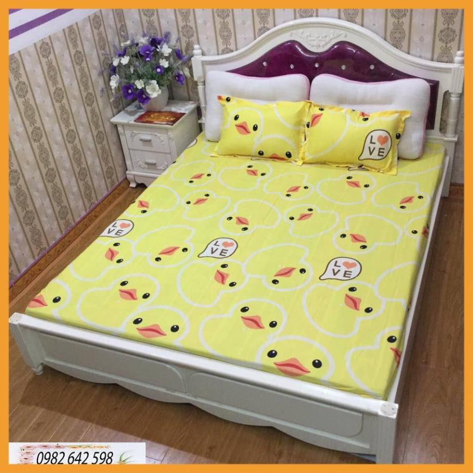 Ga chun bọc đệm kèm 2 vỏ gối poly cotton mẫu gà vàng, drap thun bọc nệm