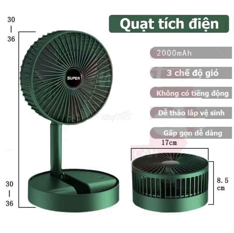 Quạt mát Super mini tích điện để bàn gấp gọn tiện dụng 3 cấp độ