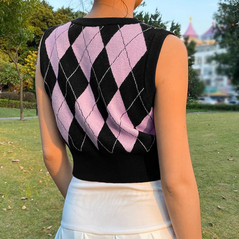 Áo Tank Top Dệt Kim Cổ Chữ V Màu Tương Phản Phong Cách Retro Cho Nữ