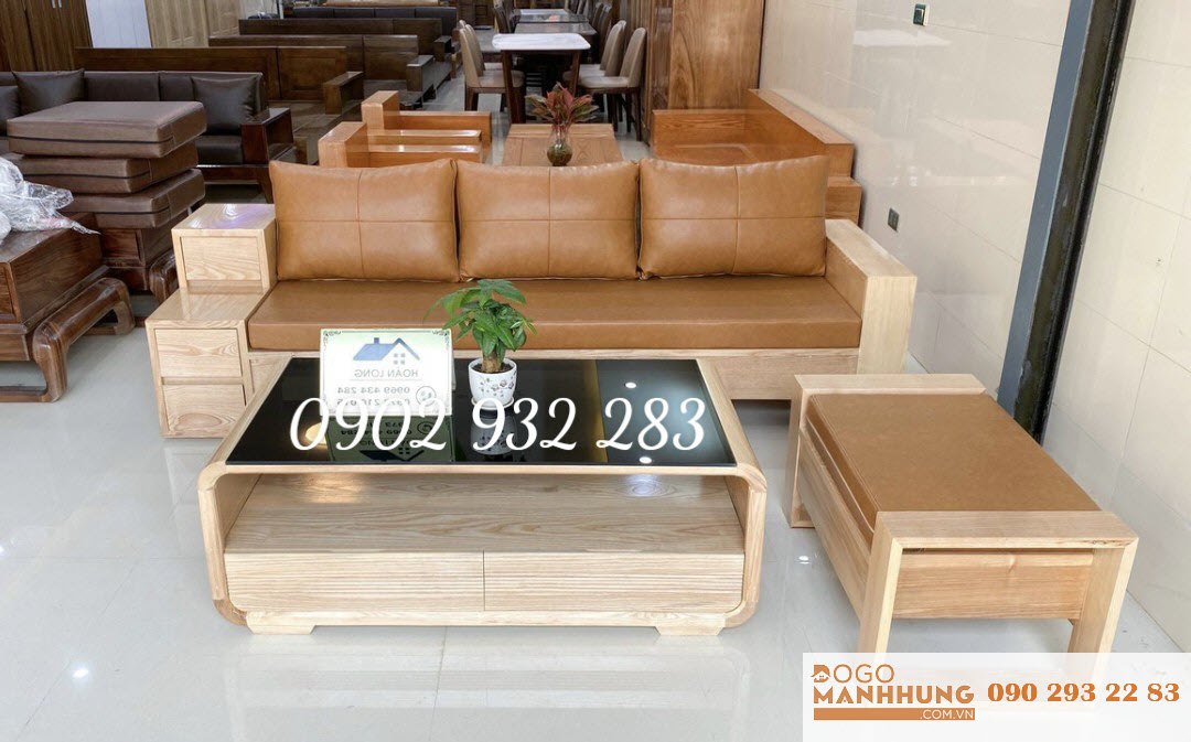 Bộ bàn ghế phòng khách sofa 3 món gỗ sồi tay hộc kéo