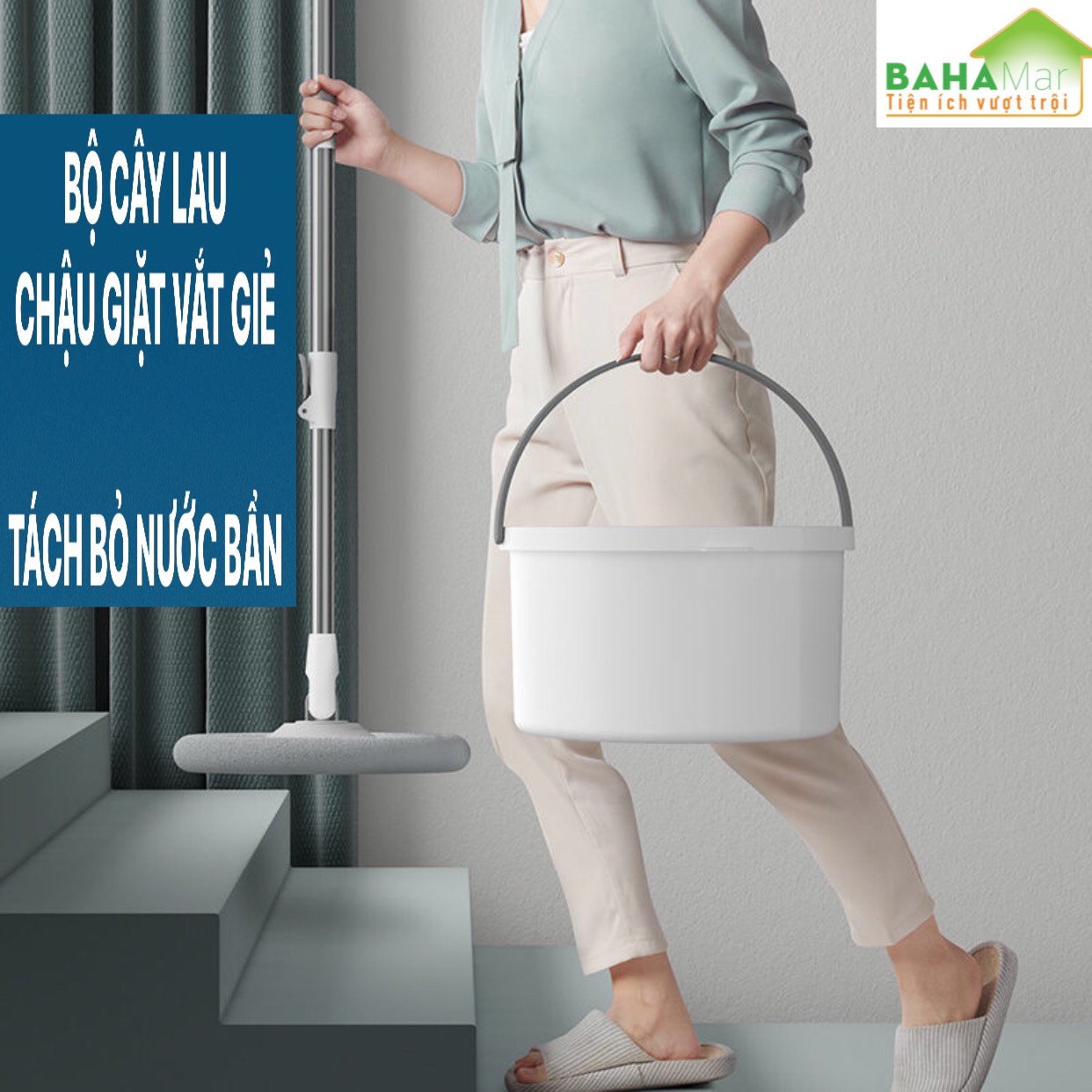BỘ CÂY LAU SÀN CHẬU GIẶT VẮT GIẺ CÓ TÁCH BỎ NƯỚC BẨN BAHAMAR thuận tiện lau và giặt giẻ