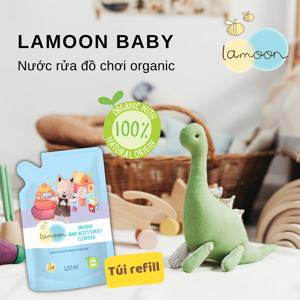 Nước rửa đồ chơi Organic an toàn cho bé Lamoon - Túi 450ml Refill