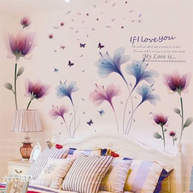 Decal dán tường Combo 2 tranh hoa pha Lê tím + hoa tím xanh