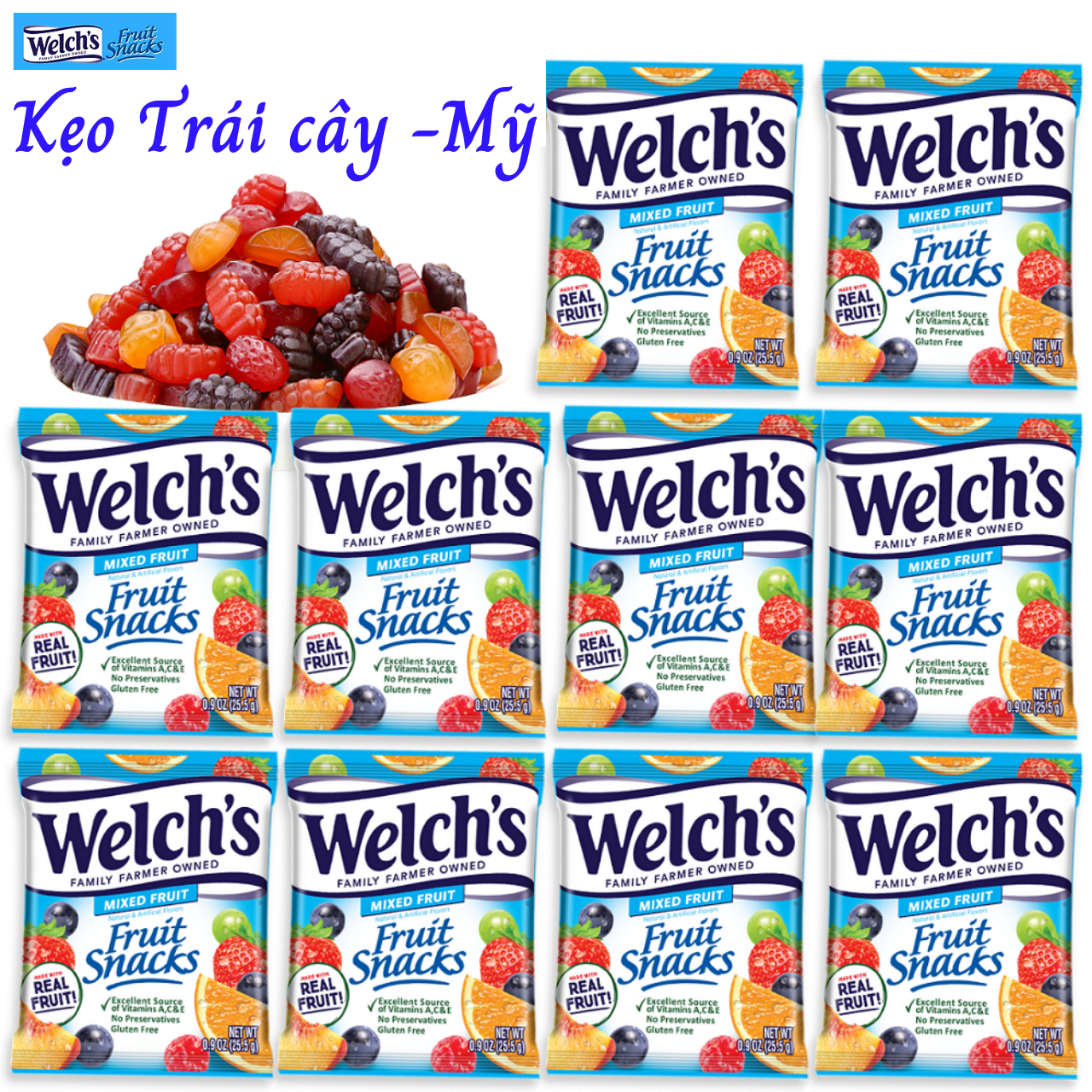 Combo 10 Túi Kẹo Dẻo Trái Cây Hỗn Hợp - Welch's Mixed Fruit Snack (22,7g/gói) Bổ Sung Vitamin Từ Trái Cây Tươi Của Mỹ, Tăng Sức Đề Kháng Cho Cơ Thể