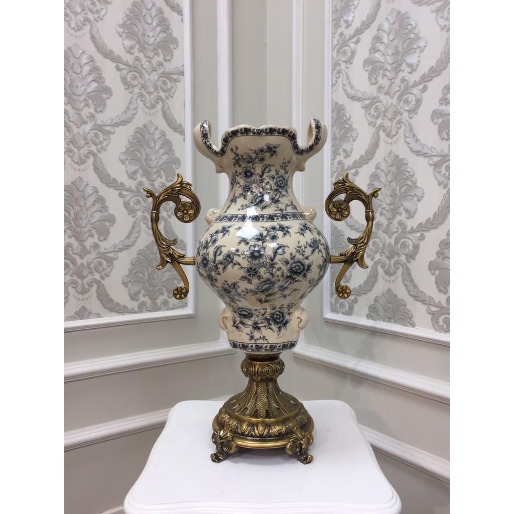 Bình hoa men sứ rạn họa tiết hoa nhí xanh CB30-BH1 mang phong cách tân cổ điển size cao 54 cm.