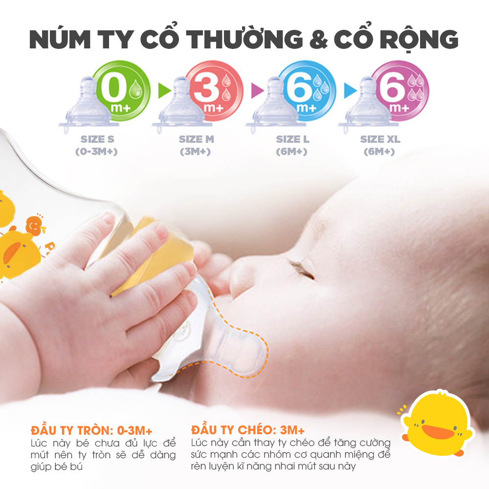 Bình sữa cổ rộng Piyo Piyo 140ml thân bình cong dễ cầm, nhựa PP không BPA