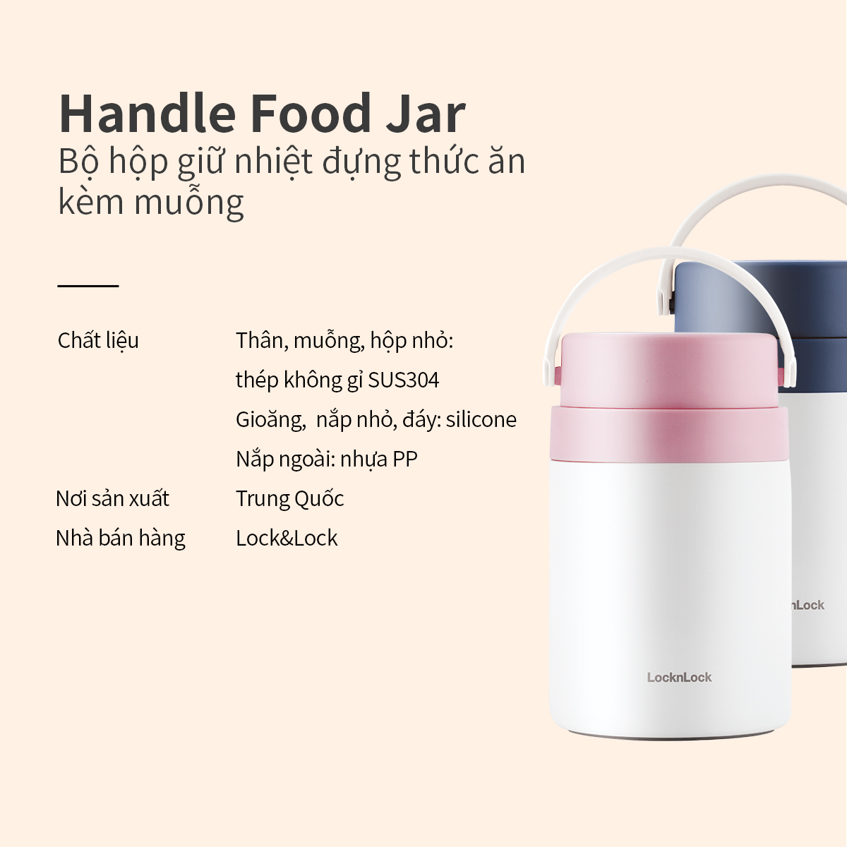 Hộp cơm giữ nhiệt Lock&amp;Lock màu hồng LHC8042PIK 700ml - Hàng chính hãng, 2 ngăn kèm muỗng inox - JoyMall