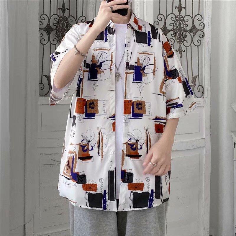 Korean Style Retro Floral Pattern Short Sleeve Men's Shirt