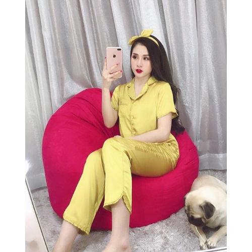 Đồ Bộ Pijama Lụa Mặc Nhà Viền Bèo Tay Cộc Phối Quần Dài