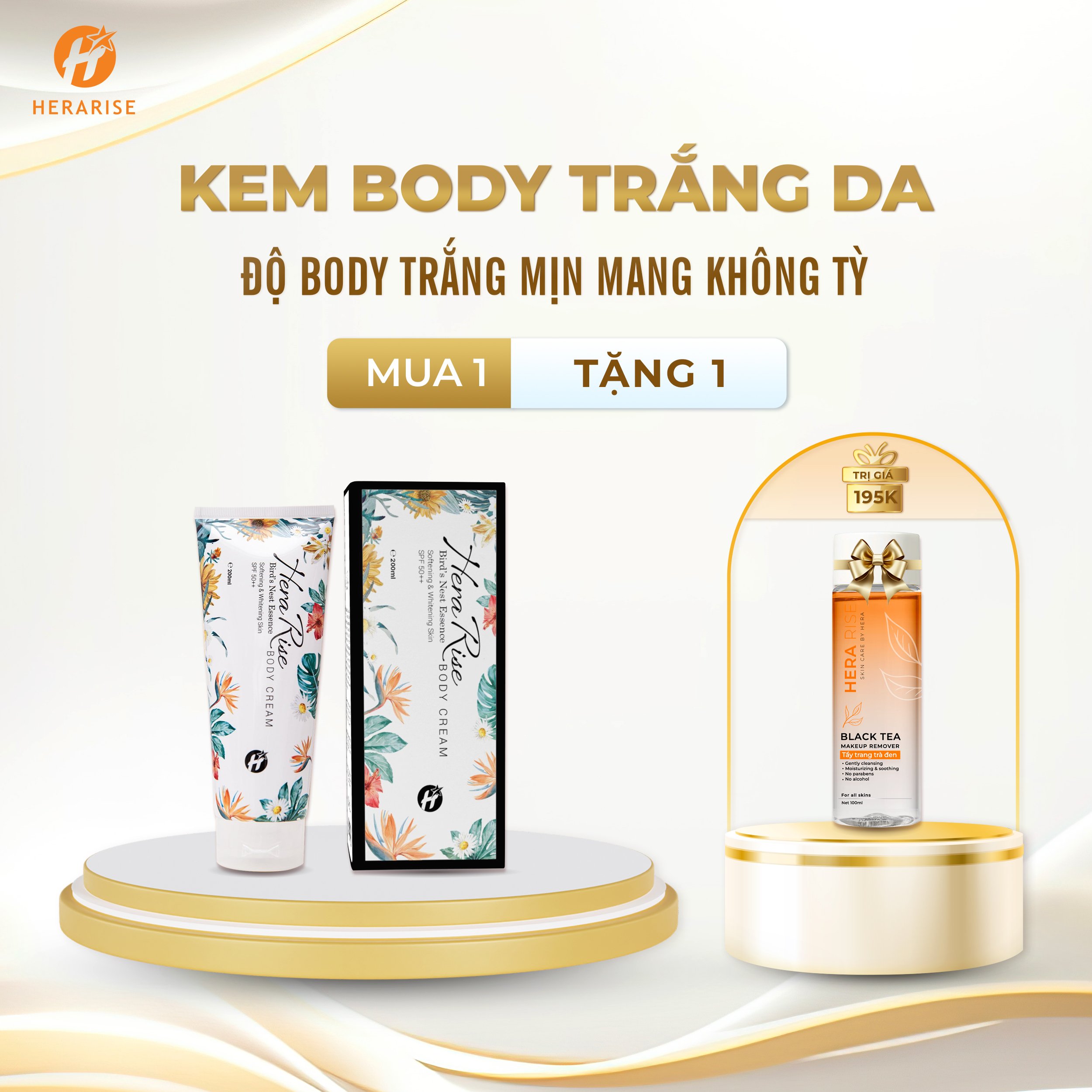 [Mua 1 Tặng 1] Kem Body Trắng Da Daily Sun Cream Herarise Tặng 01 Tẩy Trang Tinh Chất Trà Đen