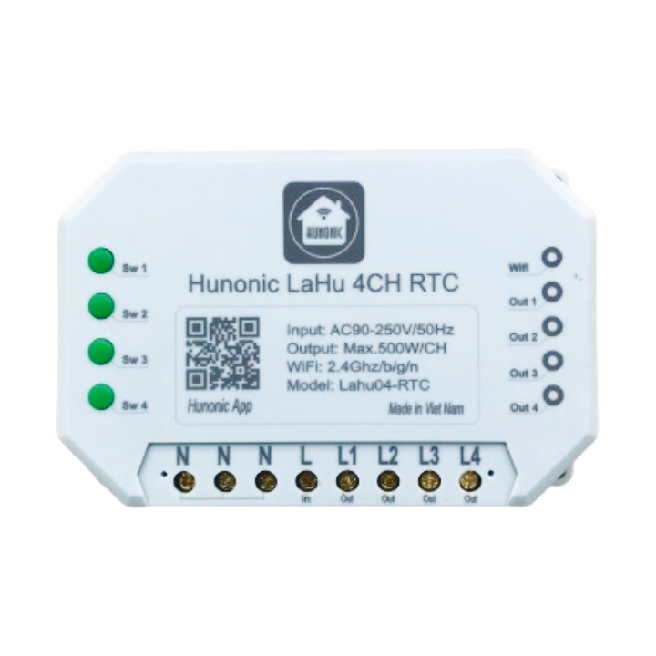 Công tắc thông minh Hunonic Lahu 4 Kênh RTC - Điều khiển qua Wifi, Bluetooth - Hẹn giờ không cần wifi