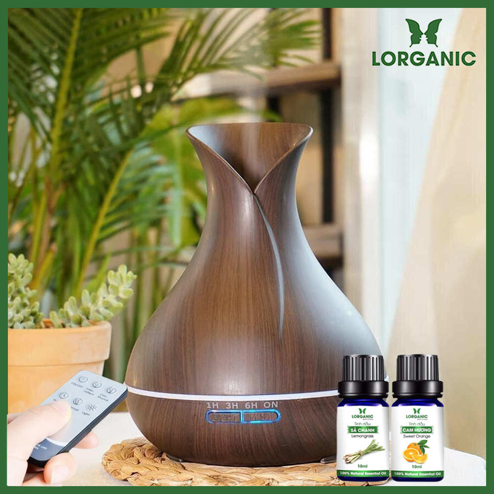 Combo máy khuếch tán/ máy xông tinh dầu bình hoa + tinh dầu sả chanh + tinh dầu cam Lorganic