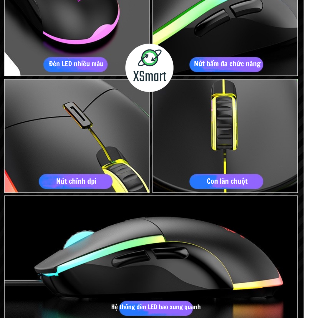Bộ Chuột và bàn phím cơ XSmart kèm tai nghe chụp tai gaming headphone Led đổi màu nhiều chế độ, K2+V7+K3 ĐEN - Hàng Chính Hãng