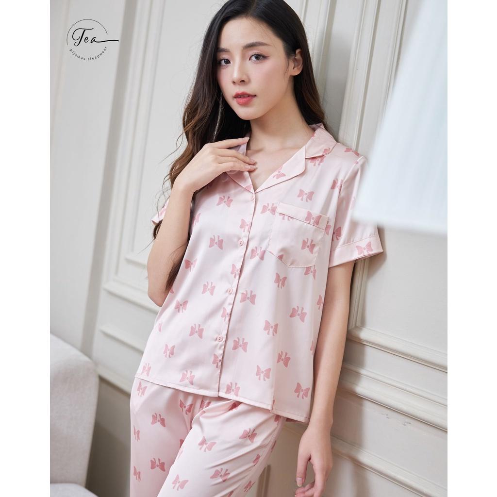 Bộ mặc nhà pyjama lụa cao cấp Tea Store tay dài quần dài họa tiết Tim sang trọng