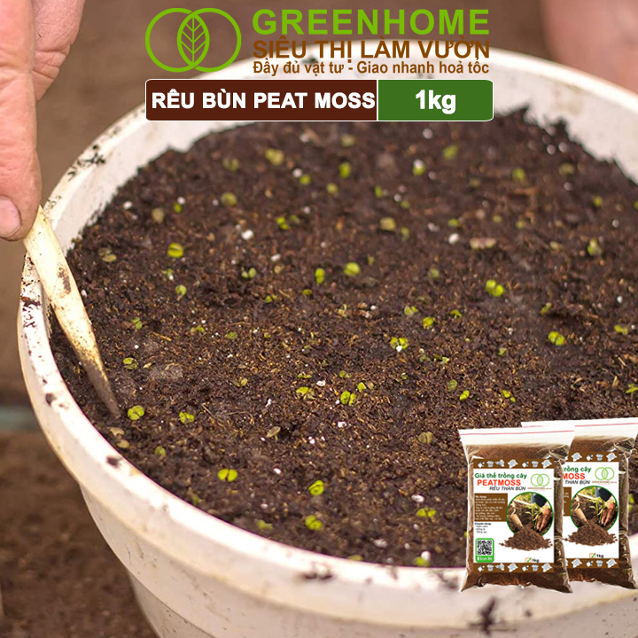 Rêu Than Bùn Peatmoss Greenhome, Bao 1kg, Giá Thể, Cân Bằng Ẩm, Trộn Đất Trồng Sen Đá, Kiểng Lá, Hoa Hồng, Ươm Hạt Giống