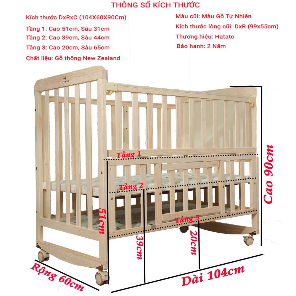 Cũi Cho Bé S218 Hatato cho trẻ từ 0-4 tuổi, cũi làm từ gỗ thông được BH-2năm có 6 chức năng làm nôi em bé và quây cũi cho bé