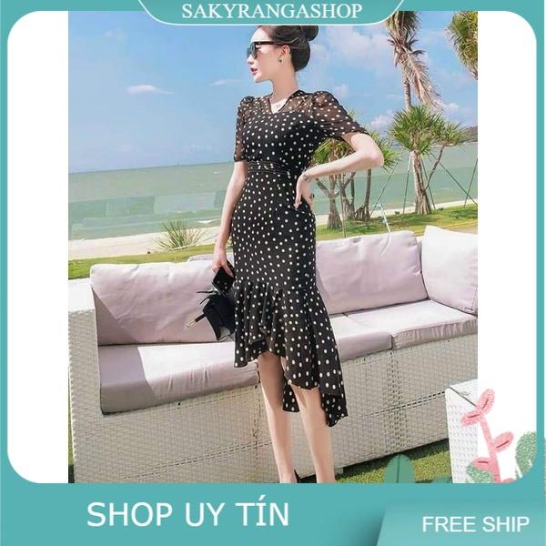 HÀNG NHẬP - ĐẦM LỤA BODY ĐUÔI CÁ CHẤM BI