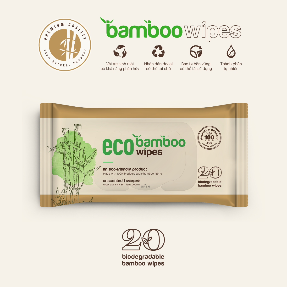 Khăn giấy ướt cao cấp EcoWipes gói 20 tờ vải sợi tre sinh thái Bamboo không mùi có thể phân hủy