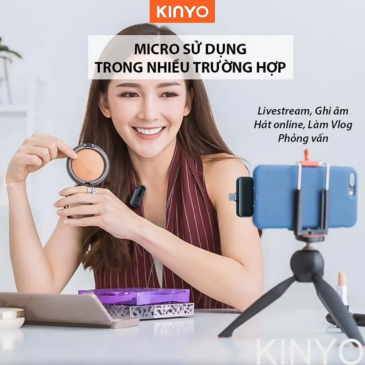 Micro thu âm không dây cài áo Vinetteam Kinyo M36 kèm dock sạc lọc âm chống ồn cao cấp có 2 đầu dành cho Iphone và Android - hàng chính hãng