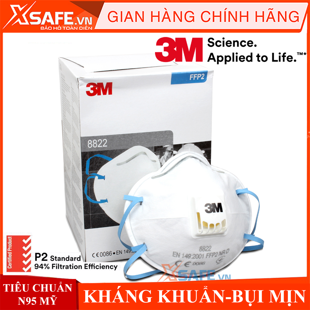 Khẩu trang phòng độc 3M 8822 van lạnh 1 chiều, kháng khuẩn chống bụi mịn, tiêu chuẩn N95 Hoa Kỳ