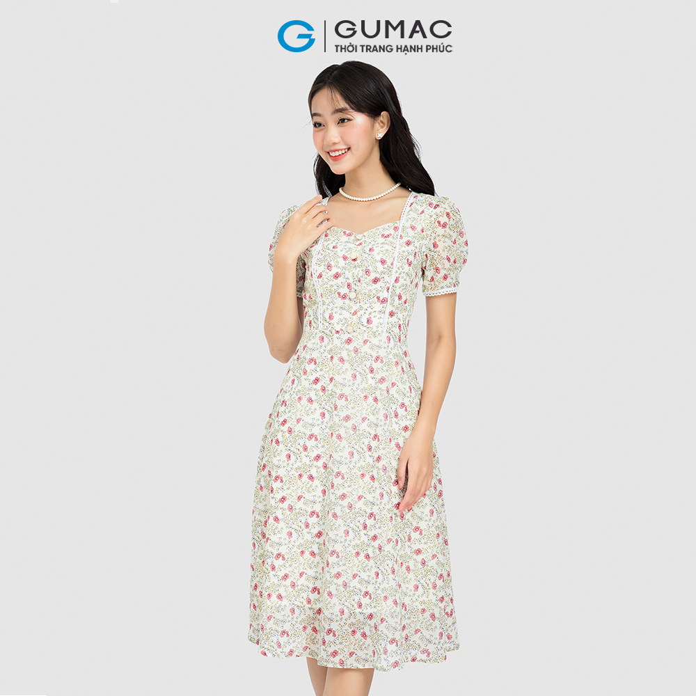 Đầm hoa form A GUMAC DC08096 viền ren dáng cổ vuông