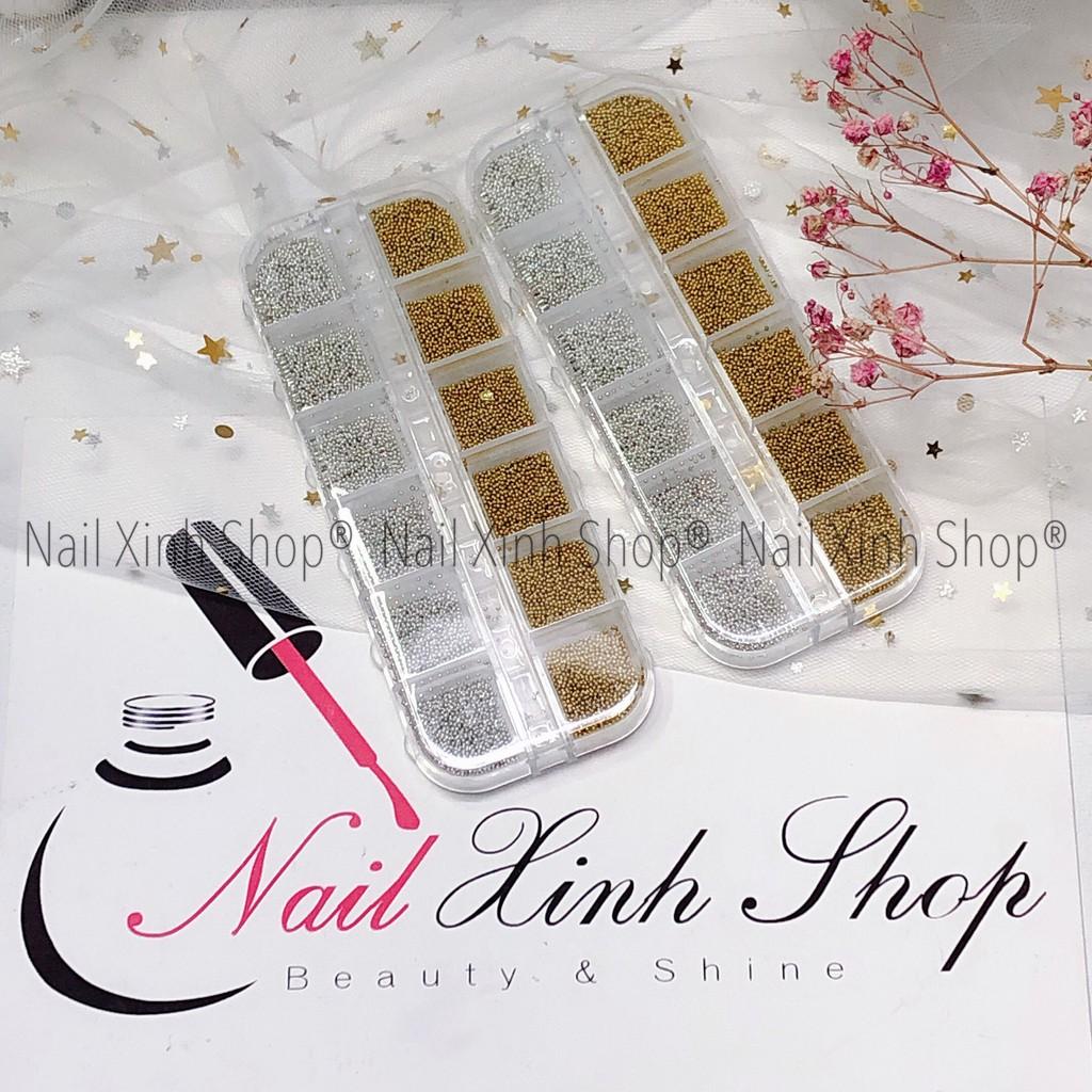 Khay 12 ô bi hạt gắn móng nail,bi hạt nail vàng + trắng - full size, phụ kiện nail chuyên dụng