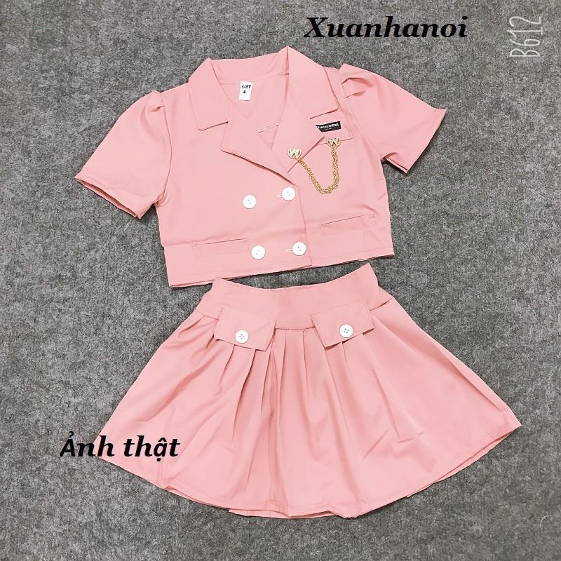 Set váy Vest bé gái hồng Áo và Chân váy xếp ly liền quần chip size 15-30kg (áo kèm phụ kiện)XHN689