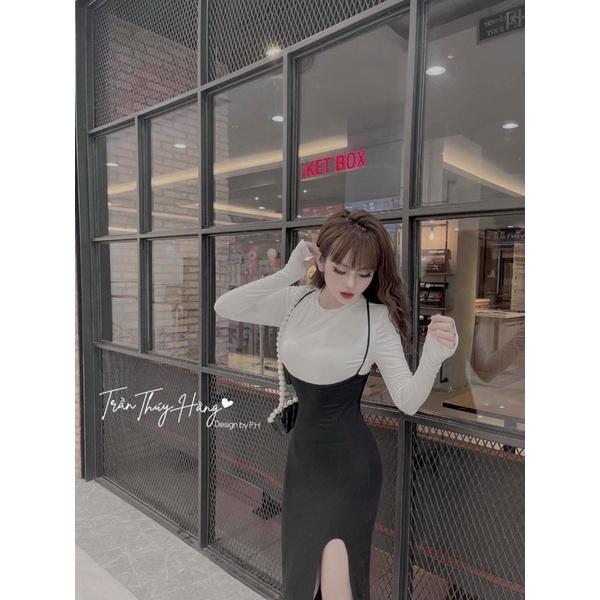 Sét áo cổ tròn tay dài kèm đầm 2 dây xẻ tà cực sexy sang chảnh