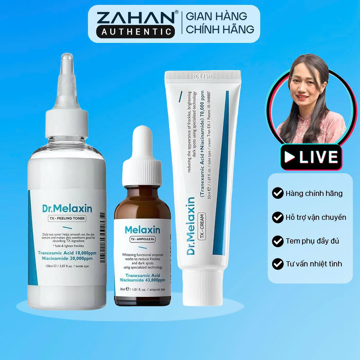 Combo nám hỗ trợ sáng da Dr.Melaxin TX gồm toner, serum, kem dưỡng