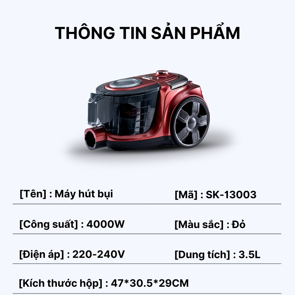 Máy hút bụi cầm tay SOKANY SK-13003R, SK-13005B công suất 4000W, giảm tiếng ồn, lực hút mạnh, hút được tóc, lông động vật - HÀNG CHÍNH HÃNG