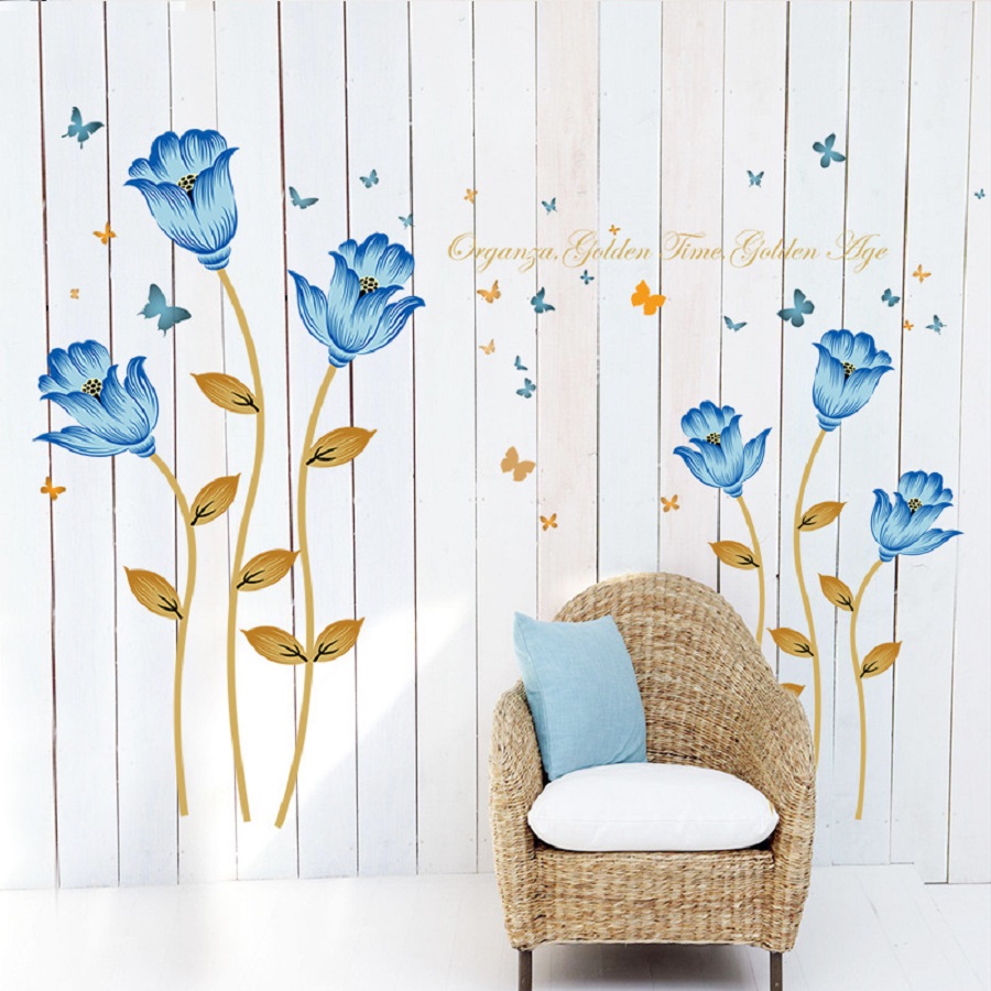 Decal dán tường phòng ngủ hoa xanh mát sang trọng