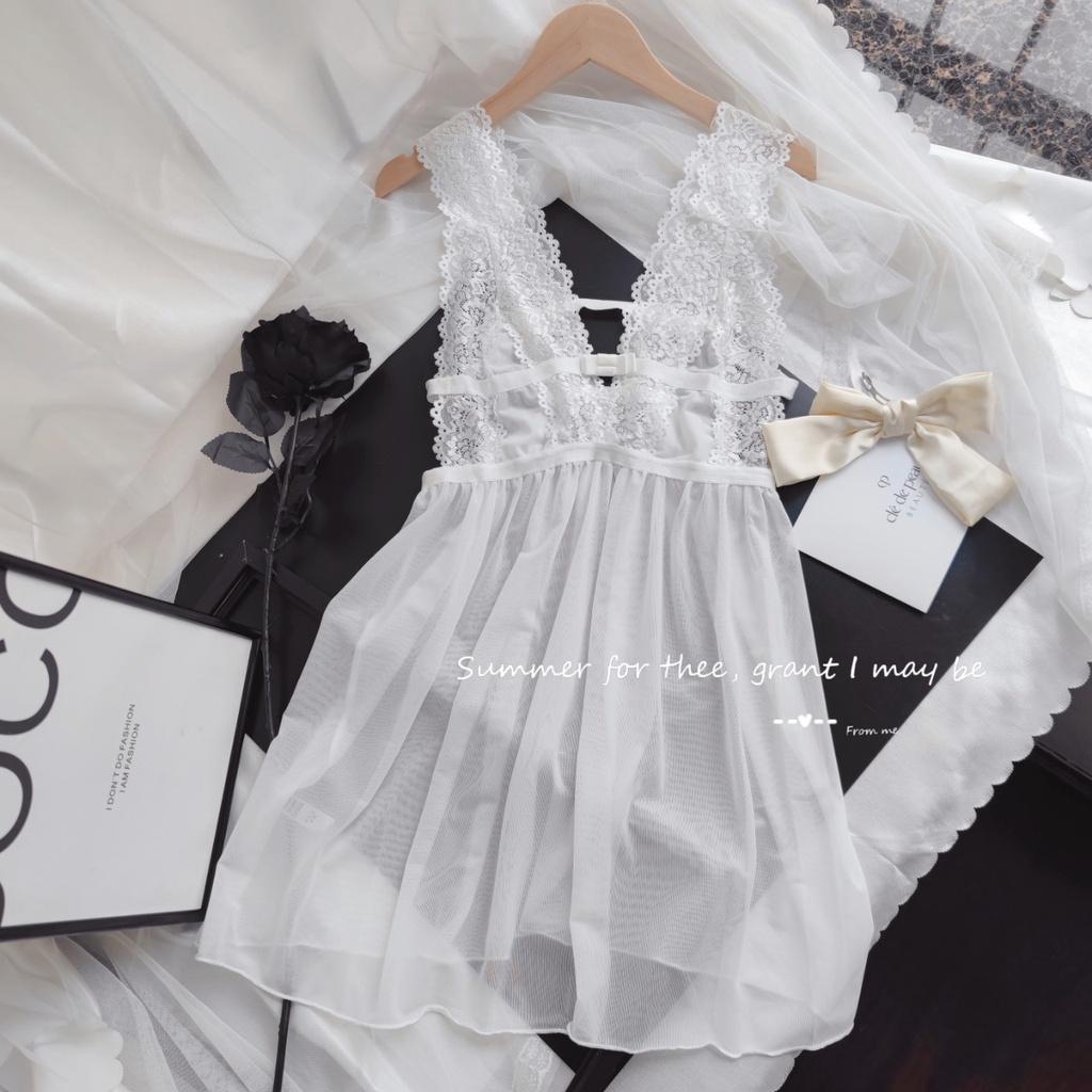 Đầm ngủ tiểu thư xẻ ngực sexy đáng yêu váy ngủ công chúa ren xuyên thấu đen trắng gợi cảm BIKI HOUSE N152 - TPHCM