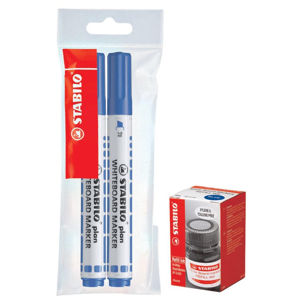 Bộ 2 cây bút viết bảng STABILO Plan WHITEBOARD MARKER WM64-BU-R2 (màu xanh) + Hộp mực (màu xanh)