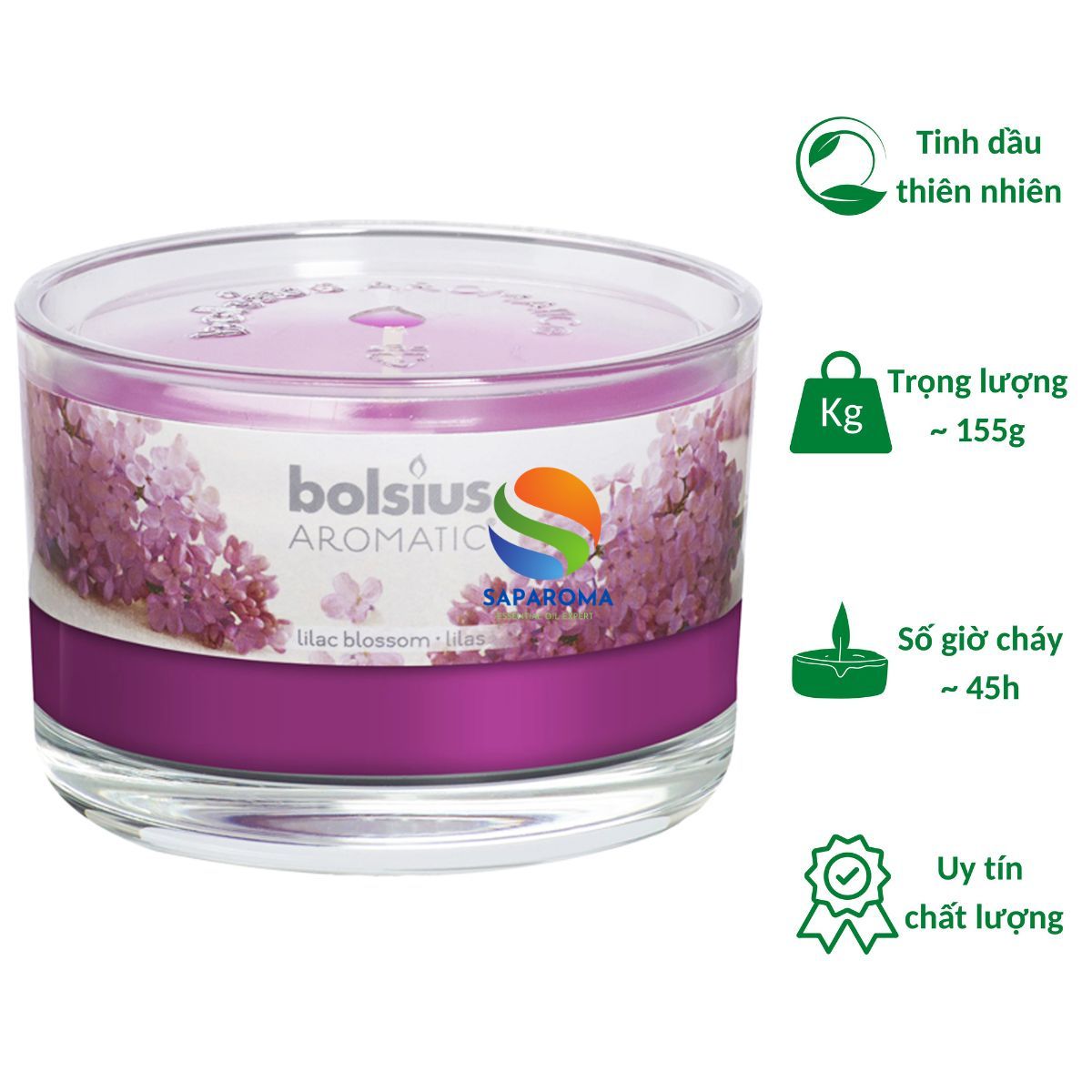 Ly nến thơm tinh dầu Bolsius Lilac Blossom 155g QT024875 - hoa tử đinh hương, nến trang trí, thơm phòng, thư giãn, Hỗ trợ khử mùi