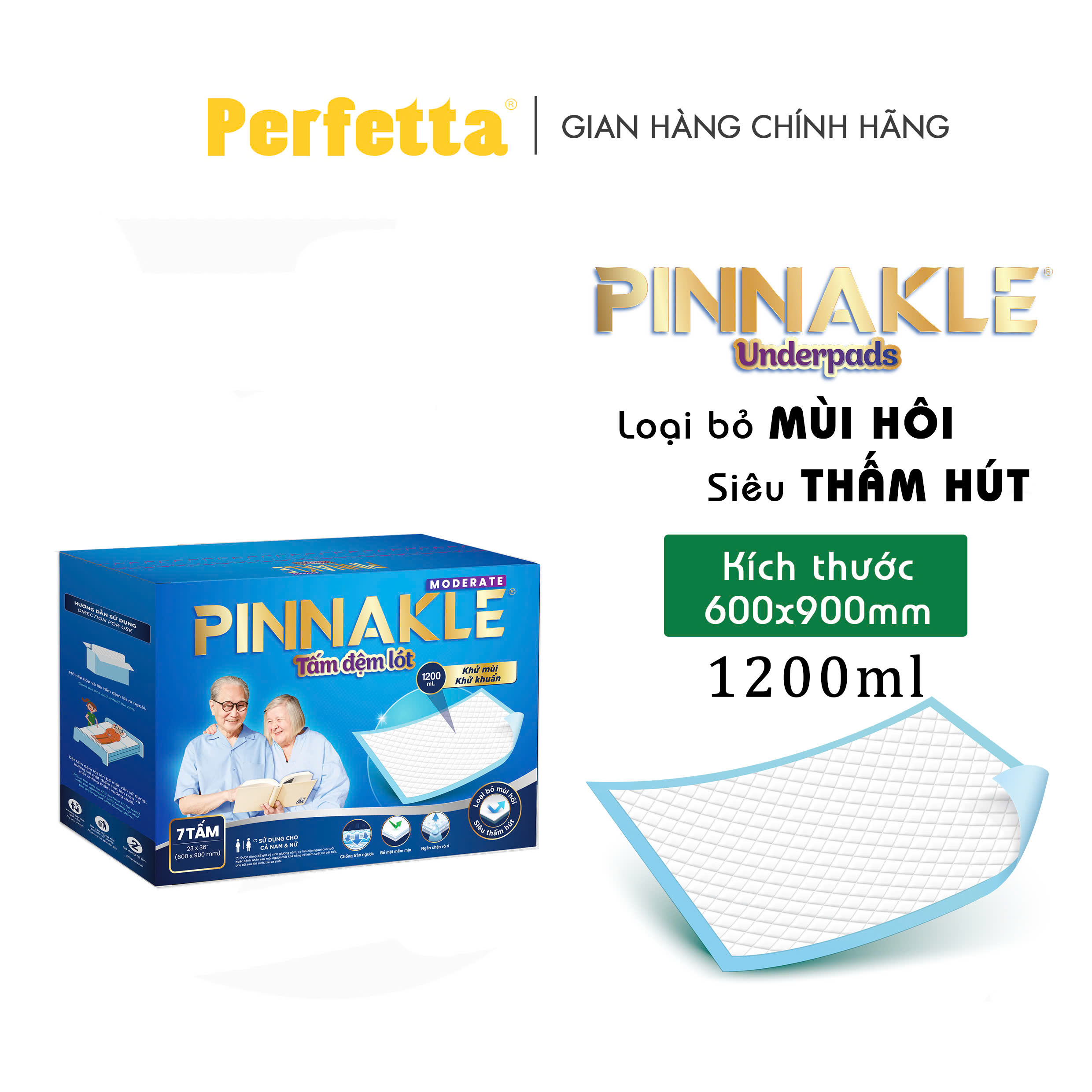 Tấm Lót Cao Cấp Pinnakle Moderate, Siêu Thấm Hút, Chống Trào Ngược, Khử Mùi Tối Ưu, Size 60x90cm (7 miếng/hộp)